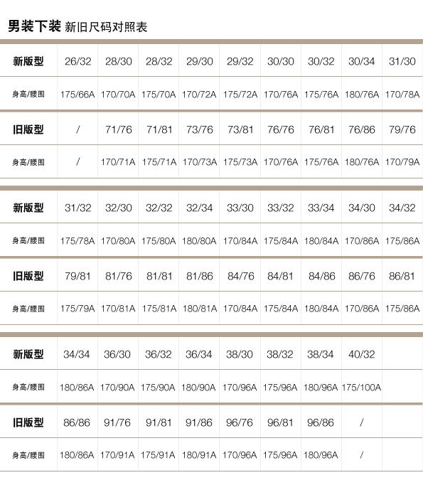 Gap官网新旧尺码对照表