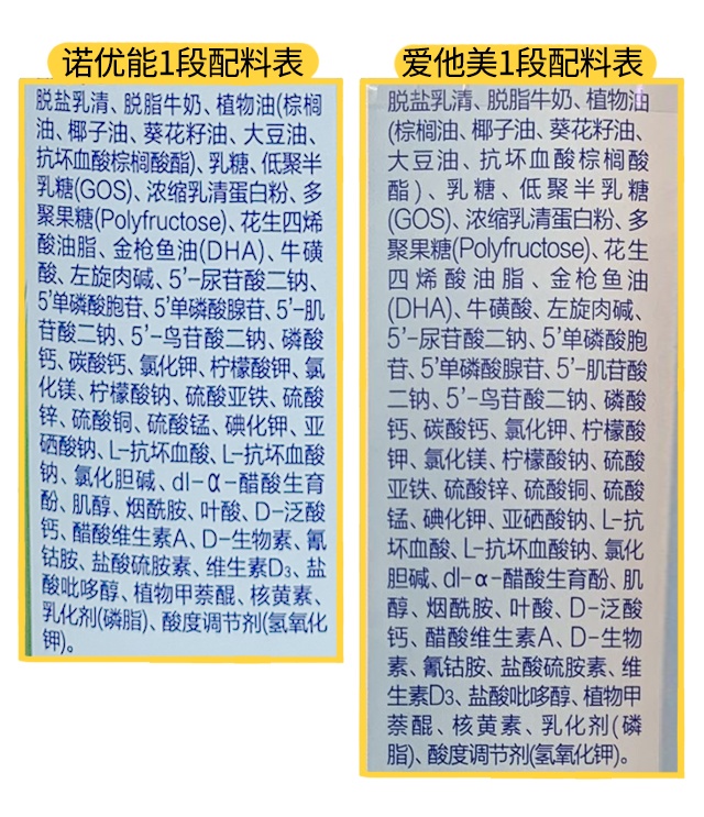 诺优能和爱他美配料表