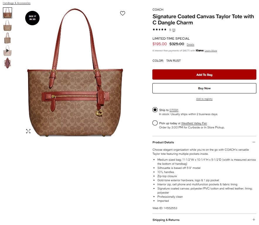 降价！COACH 蔻驰 Coated Taylor C标老花款托特包 6折 $195（约1396元）