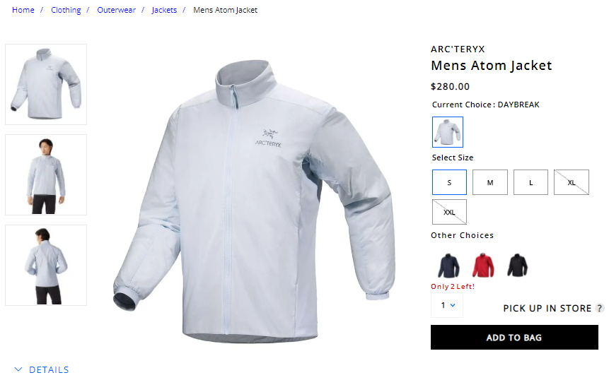 S-L码还有！ARC'TERYX 男士 Atom 夹克 $280（约2009元）